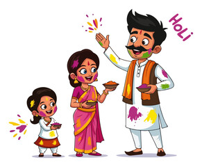 Indian People Celebrating Holi Festival of Colors. Happy family or friends playing with gulal powder. Cartoon characters vector set.