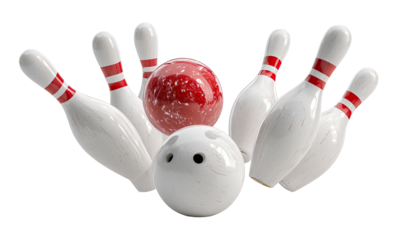 Still-life composition of a red bowling ball, white pins, and another bowling ball