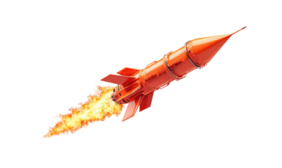 A vibrant, stylized rocket ship with a fiery exhaust trail against a stark, black backdrop