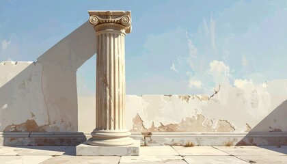 An illustration showing a weathered white column and wall against a vibrant blue sky with wispy clouds, suggestive of an ancient ruin