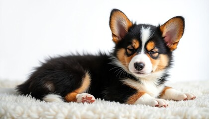 Obraz premium Small tri-color Corgi puppy rests on soft fluffy white blanket. Young dog sleeps peacefully, eyes closed. Adorable pet enjoys calm, cozy moment at home. Cute pup looks content and sweet.