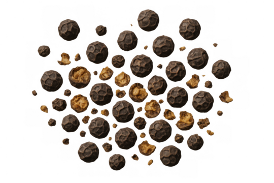 Black peppercorns and broken pepper pieces scattered on a transparent background, viewing from top