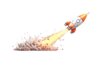 A cartoon rocket taking off, with orange and white details, leaving a trail of smoke and fire