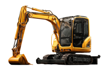A vibrant yellow construction excavator with tracks, boom, and bucket, ready for earthwork