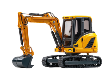 Side profile of a yellow and black excavator, showcasing tracks and articulating arm