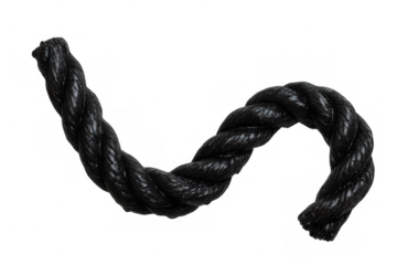 Black twisted thick rope creating a curved shape with textured fibers, isolated on a transparent background