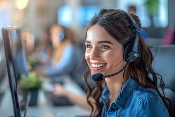 Young woman working in a call center with a headset