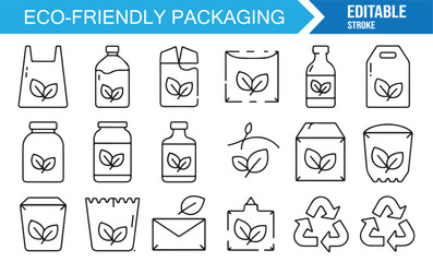 Editable stroke eco-friendly packaging icons, zero waste design for green products and sustainability.
