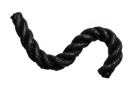Black twisted thick rope creating a curved shape with textured fibers, isolated on a transparent background