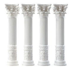 Four vertical, white classical columns with ornate capitals and bases against a black background