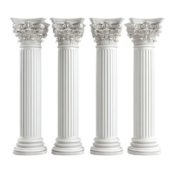 Four classical white ionic columns with detailed capitals stand aligned on a transparent background