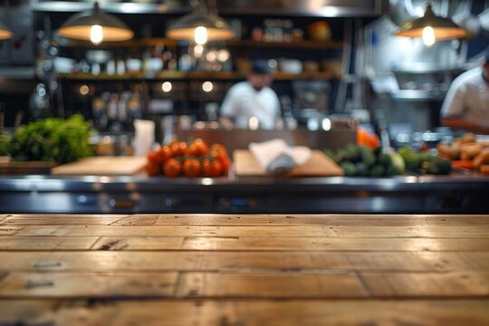 Busy kitchen with fresh vegetables and chefs preparing food