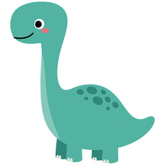 A cute cartoon dinosaur with a long neck, smiling, and a light green body, standing on a white background.