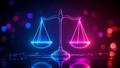 A glowing neon wireframe illustration of the Scales of Justice, balancing blue and pink light, representing digital law and futuristic legal concepts on a reflective surface