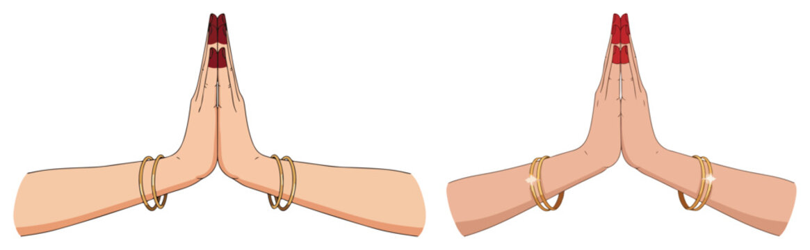 Set of Indian hands in Namaste or Anjali Mudra gesture. Traditional greeting and prayer pose for classical dance vector illustration