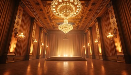 Luxurious event hall interior with stage wooden floor and ornate ceiling. Giant chandeliers illuminate the room with warm lights. Curtains decorate background of a fancy venue for celebration