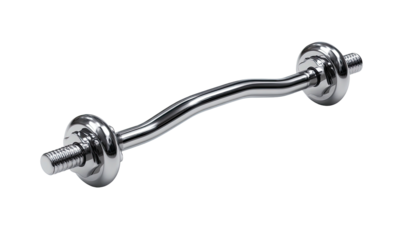 Shiny chrome EZ-curl barbell with weights on black background for fitness and weight training