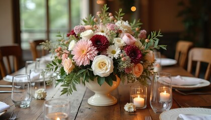 Large elegant floral centerpiece with cream, pink, red blooms, daisies, varied plants adorns long wooden banquet table. Soft candle light illuminates refined place settings. Festive decor creates