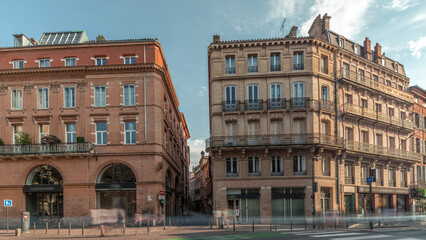 Fototapeta premium Panorama showing Rue de Metz timelapse in Toulouse, Occitanie, France, with historic facades