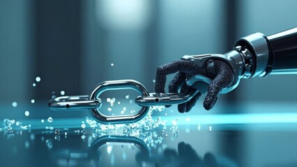 Robotic Hand Touching a Glowing Metal Chain Amidst Digital Sparkles, Symbolizing Blockchain Technology and AI Connection