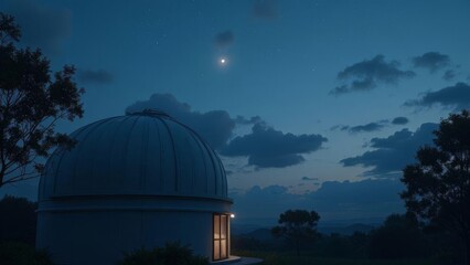 Obraz premium Astronomical observatory dome at night with stars and a bright celestial object in the dark sky