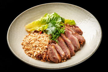 A sliced seared duck breast with fresh herbs, nuts, and greens is presented on a minimalist plate against a dark background, captured from a top-down view