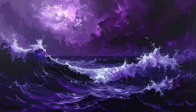 An expansive ocean under a tumultuous purple sky. Waves crash, illuminated by a bright patch of light in the dark storm clouds