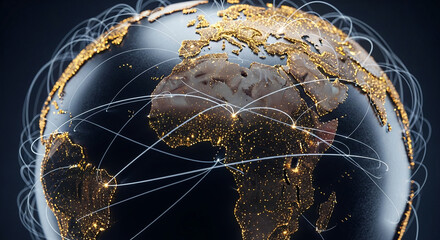 Dark globe with gold highlights, illuminated lines representing global connections, showcasing worldwide networking and communication, ideal for technology or business concepts