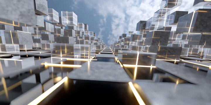 Vast abstract landscape of interconnected, glowing cubes, symbolizing secure blockchain networks, efficient commodity trading, and dynamic financial markets