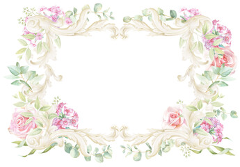 Rococo Watercolor Pink Rose Frame, floral PNG, hand-painted Bouquet 
