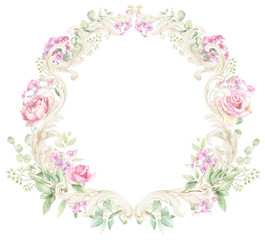 Rococo Watercolor Pink Rose Frame, floral PNG, hand-painted Bouquet 
