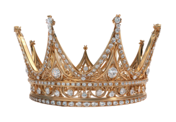 An ornate, golden crown with sparkling gemstones, viewed from the front against a stark black backdrop