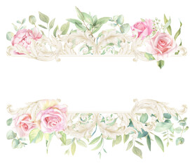 Rococo Watercolor Pink Rose Frame, floral PNG, hand-painted Bouquet 