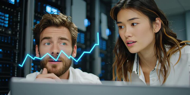 Analyzing future market trends in blockchain-powered commodity trading, IT experts monitor critical growth data within a secure server environment for strategic financial insights