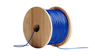A close-up of a wooden spool fully wound with bright blue electrical wiring