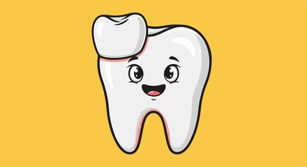 Cute dental crown illustration on tooth with happy face for children's dentistry. Dental crown procedure showing healthy tooth with protective cap. Concept dental crown for clinic advertising,