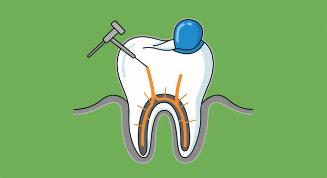 Dental root canal procedure illustration showing treatment of infected tooth pulp. Diagram details nerve canals and surgical drill during root canal procedure preparation.