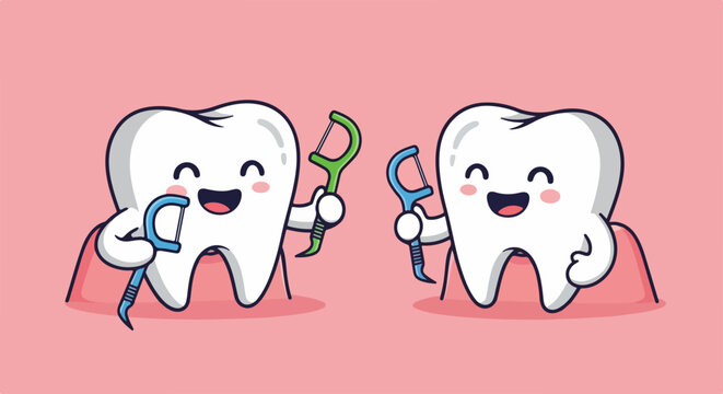 Two happy cartoon teeth hold dental floss picks, concept of dental hygiene, oral health, and daily care for strong teeth.