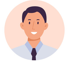 Close Up Portrait Of A Smiling Young Man Wearing A Light Blue Collared Shirt And Dark Tie Against A Soft Peach Circular Background