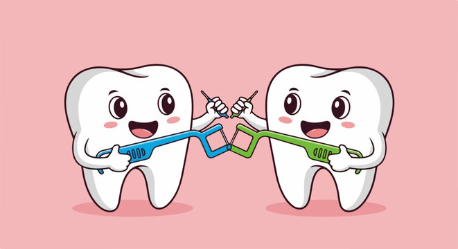 Adorable cartoon teeth characters happily holding blue and green dental floss picks, showcasing importance of oral care.
