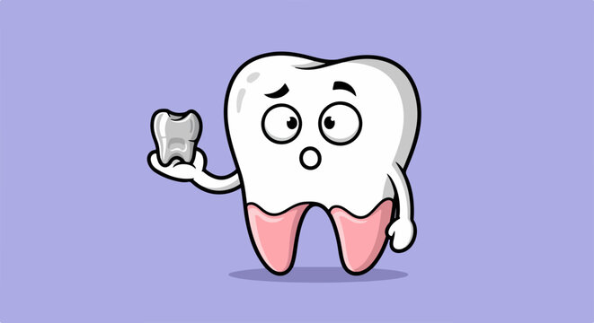Surprised tooth cartoon character holds small lost tooth, illustrating a dental health issue. Concerned tooth cartoon character depicts tooth decay or a missing tooth,