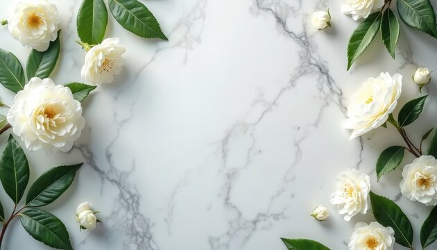 White camellia flowers and green leaves arranged on a marble surface. This elegant floral composition has empty space for custom text and designs.