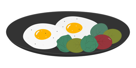 Fried Eggs with brussels sprouts and salad leaves trendy Presentation on black plate Healthy eating