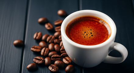 A cup of espresso sits on a dark wooden surface, accompanied by scattered roasted coffee beans.