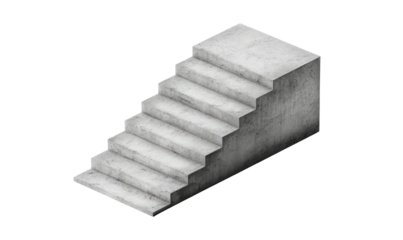 Isometric view of a stark, grey concrete staircase against a solid black background