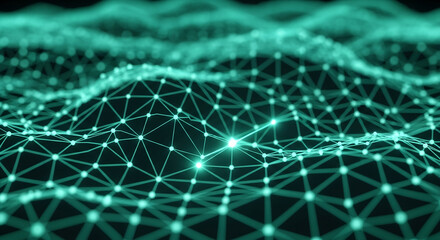Abstract teal network, nodes connected by lines, forming a wavy surface, symbolizing connection, technology, or digital network