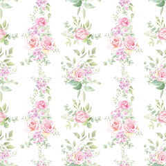 Seamless Pattern with Pink Roses and Light Leaves, wedding backdrop, elegant background