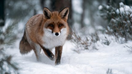 Obraz premium An alert red fox walks through a snow covered forest in winter