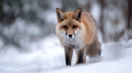 Fototapeta premium A majestic red fox with keen eyes moves through a snow covered forest embodying the serene yet wild spirit of winter