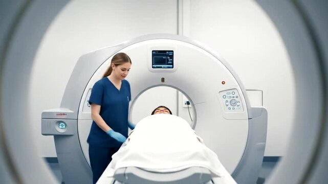 Medical professional assisting patient during CT scan in clinical setting (3)